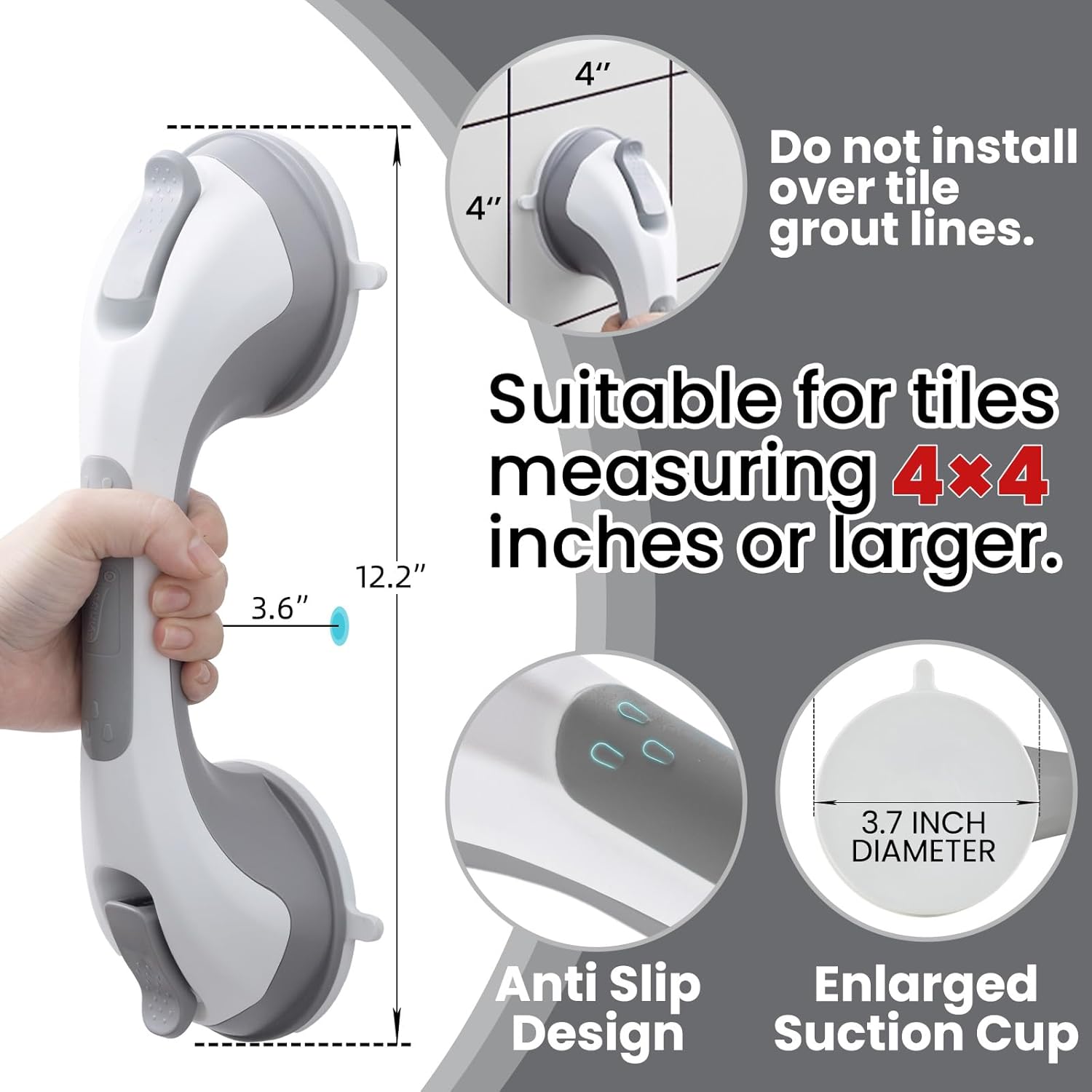 TAILI Nice Series 12 Inch Suction Shower Grab Bar – No-Drill Bathroom Safety Handle