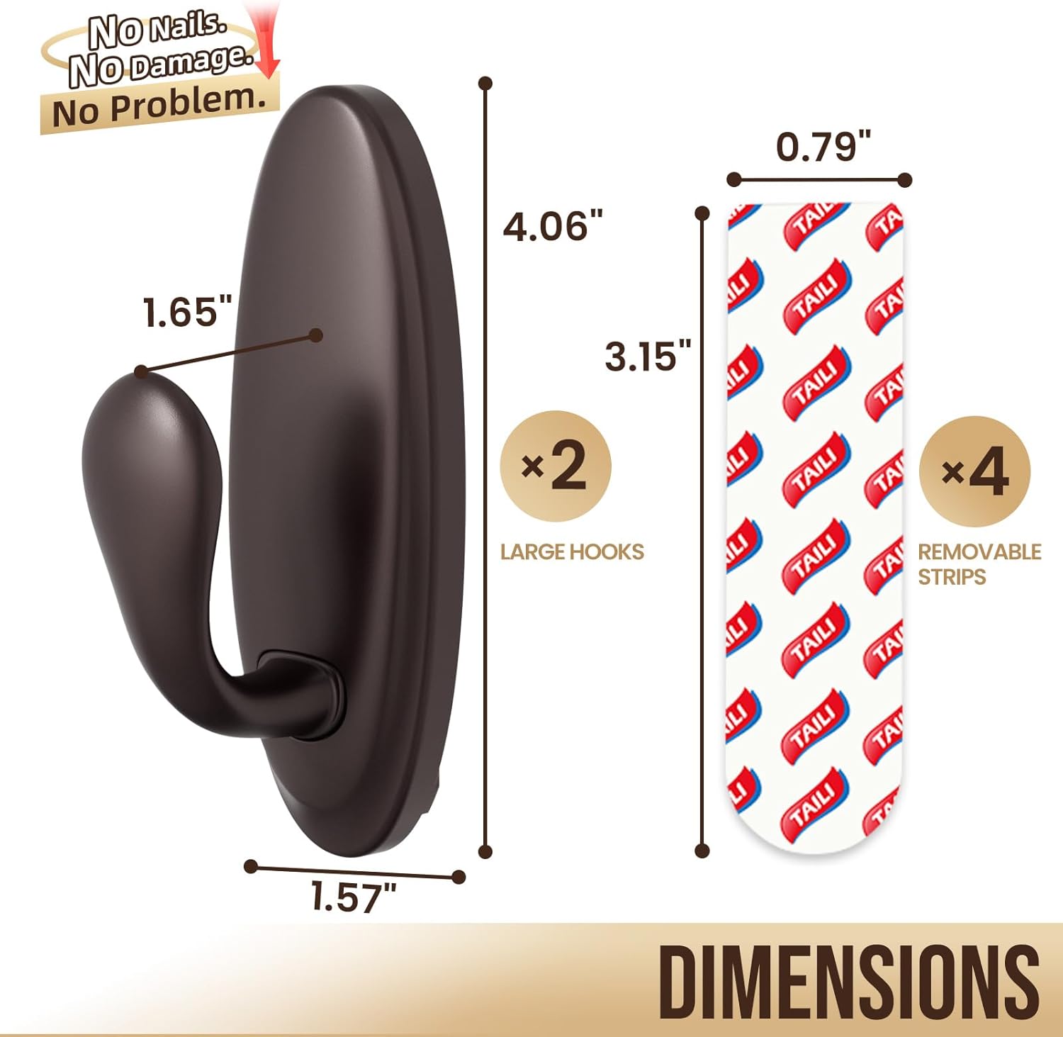 TAILI Easy-Metal Adhesive Hooks 2-Pack Heavy Duty 3.3 LBS Hangers & 4 Strips