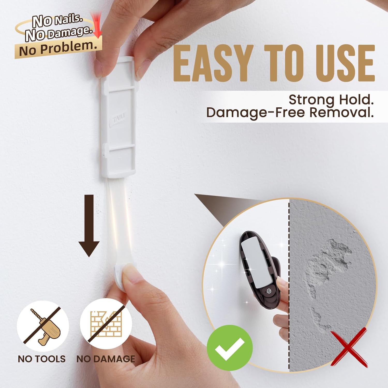 TAILI Easy-Metal Adhesive Hooks 2-Pack Heavy Duty 3.3 LBS Hangers & 4 Strips