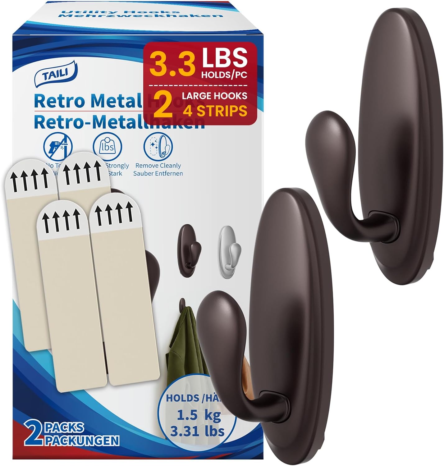 TAILI Easy-Metal Adhesive Hooks 2-Pack Heavy Duty 3.3 LBS Hangers & 4 Strips
