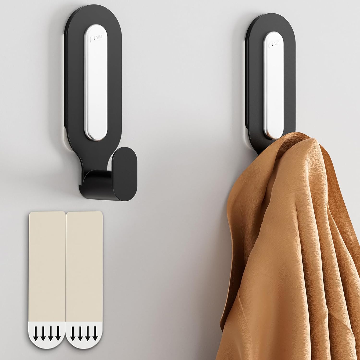 TAILI Damage-Free Hanging Metal Hooks with Adhesive Strips, 2 Hooks and 2 Strips, Heavy Duty Wall Hooks for Home Storages and Decorations
