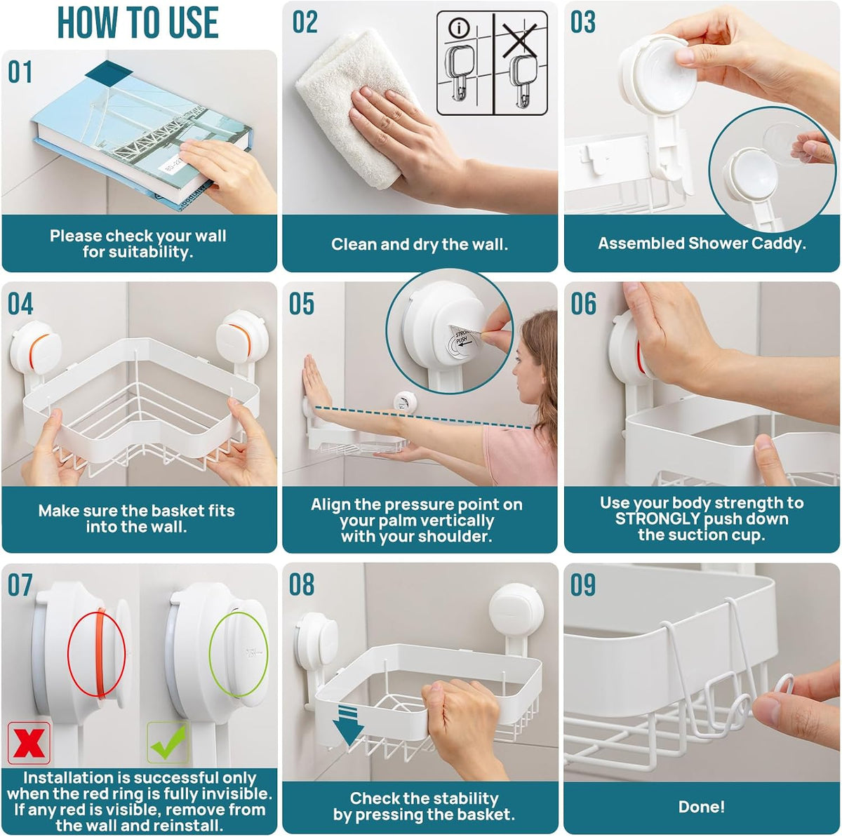 TAILI Corner Shower Caddy Suction Cup, 2 Pack Shower Shelf With Hook