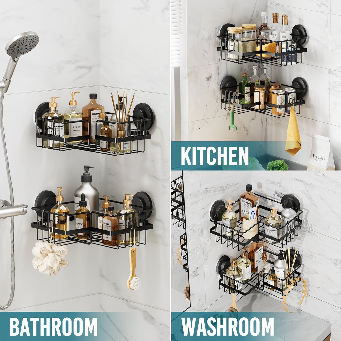 TAILI Suction Cup Shower Caddy 2 Pack, Drill-Free Heavy Duty Shower Shelf with Hooks, Wall Mounted Basket Organizer for Bathroom, Removable Rustproof Stainless Steel Shower Rack