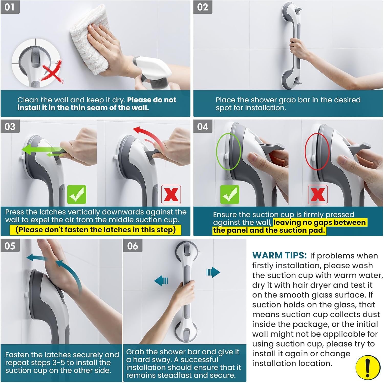 TAILI Nice Series 16.8 Inch Suction Shower Grab Bar – No-Drill Bathroom Safety Handl