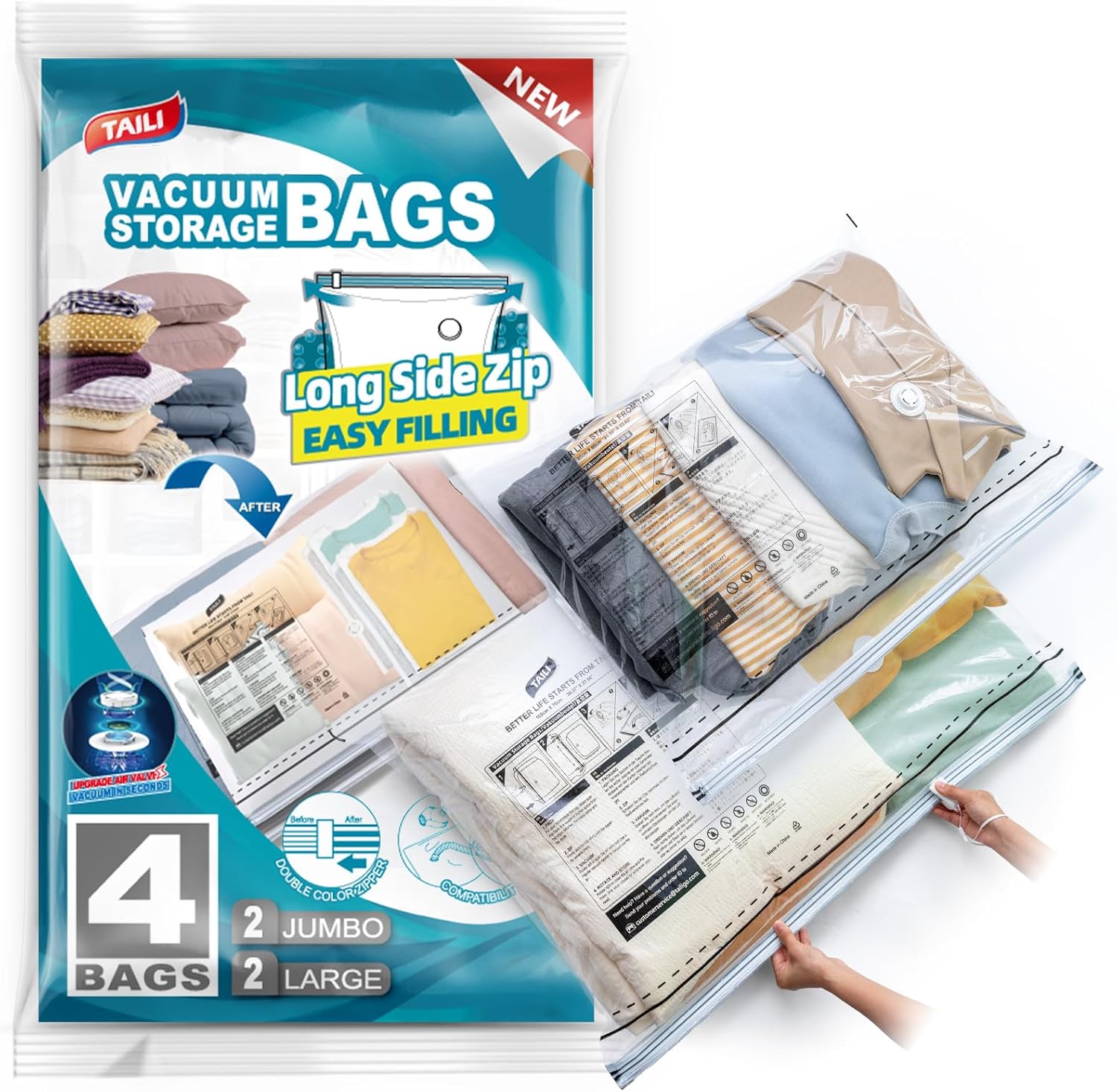 TAILI Long Side Zip Vacuum Storage Bags