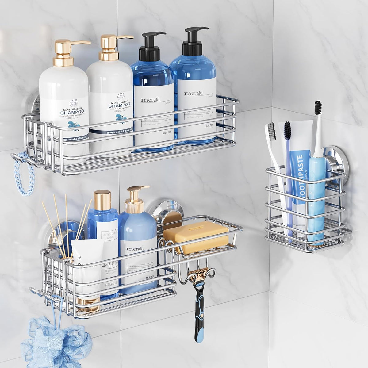 TAILI Shower Caddy Suction Cup, 3 Pack Shelves for Inside Shower with Hooks