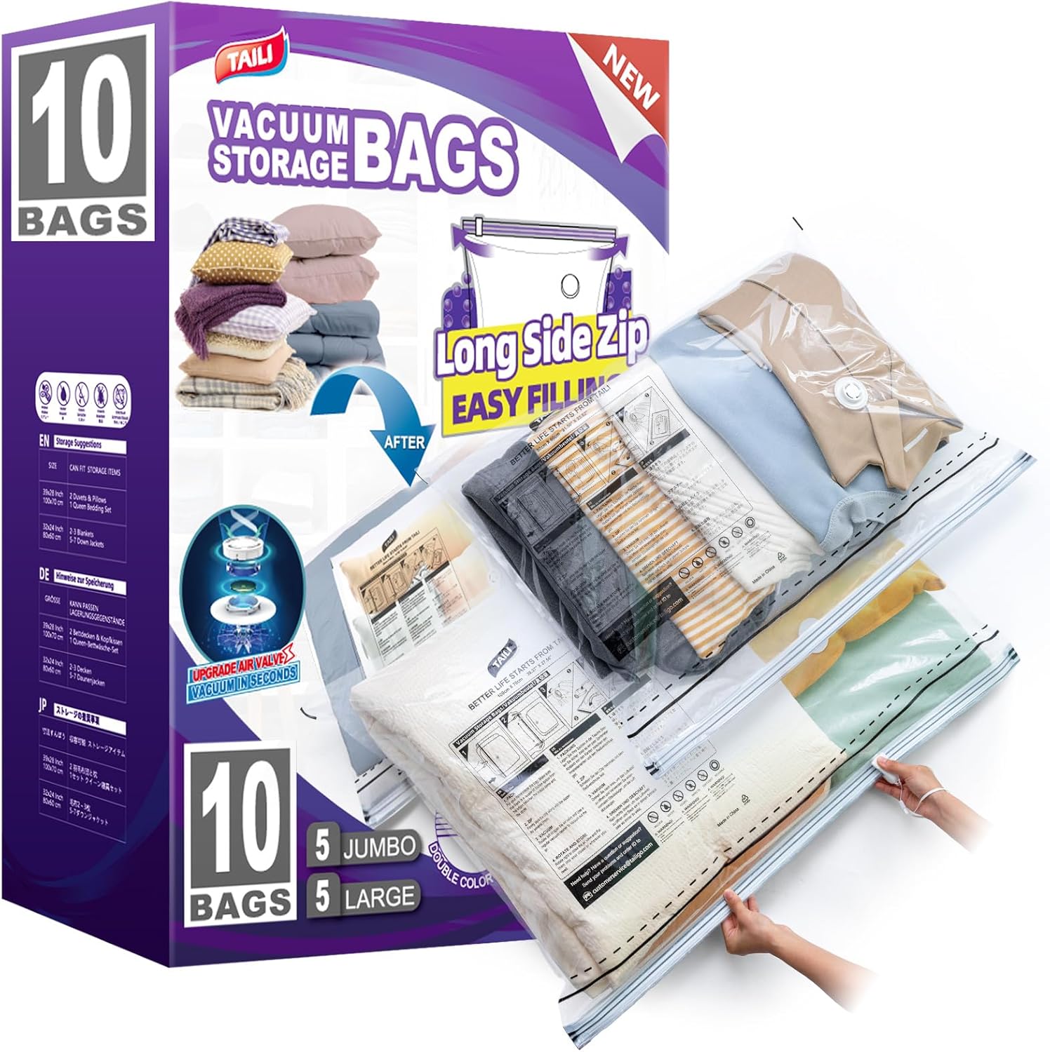 TAILI Long Side Zip Vacuum Storage Bags