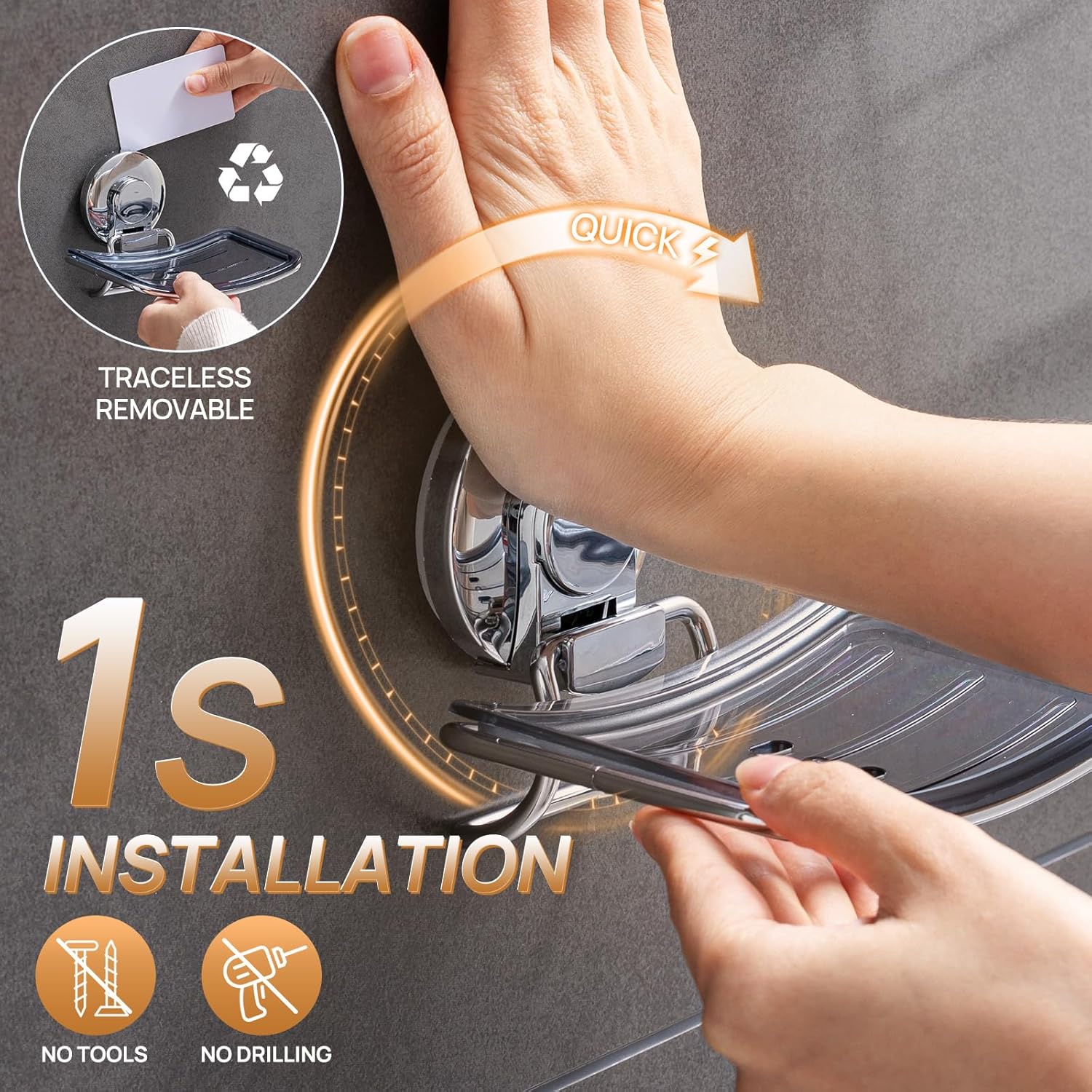 TAILI Chrome Suction Cup Soap Dish Holder | Strong-Adhesion, Waterproof, Rustproof, Removable, Drill-Free