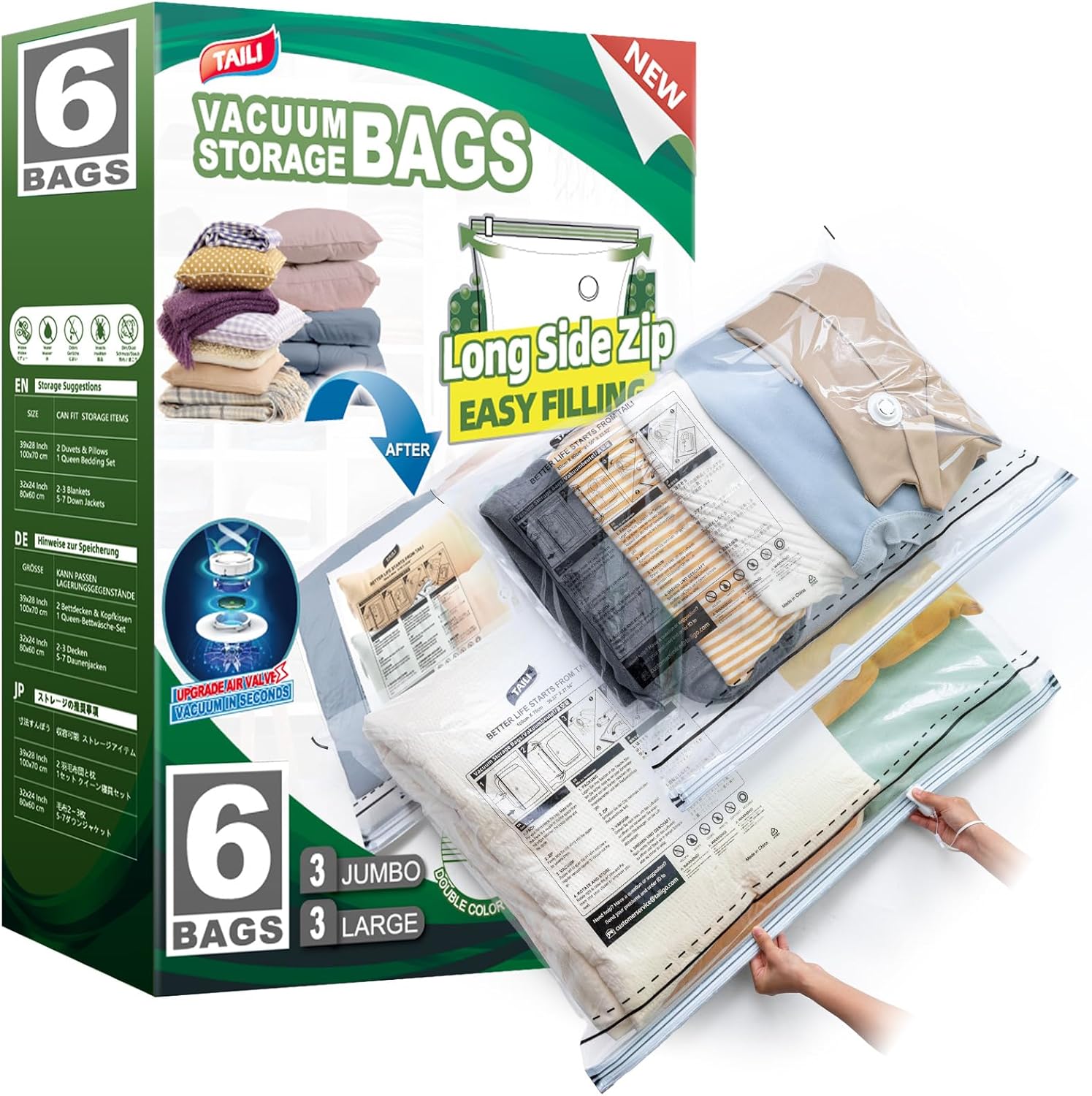 TAILI Long Side Zip Vacuum Storage Bags