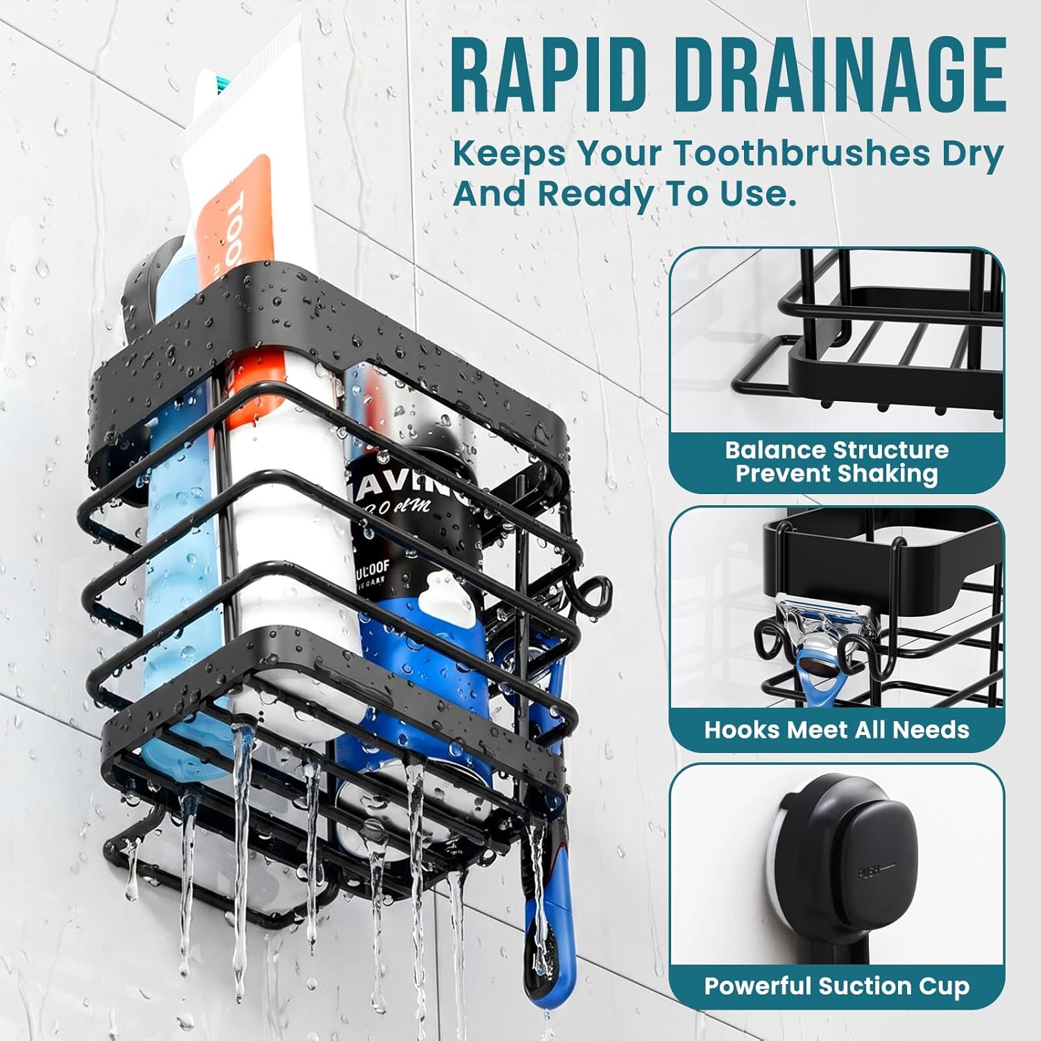 TAILI Upgraded Suction Cup Toothbrush Holder with Razor Hook Large Capacity Inverted Trapezoid Caddy