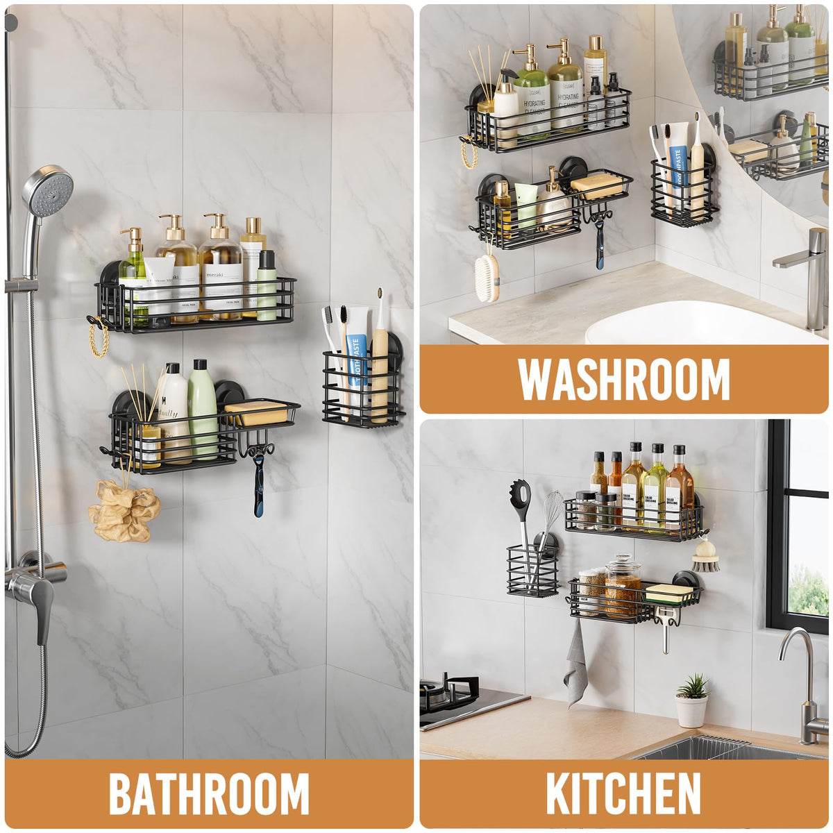 TAILI Shower Caddy Suction Cup, 3 Pack Heavy Duty Bathroom Organizer