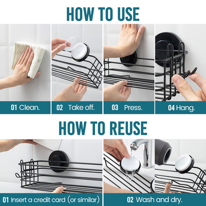 TAILI Shower Caddy Suction Cup 2 Pack with Hooks & Soap holder, Heavy Duty Shower Organizer for Bathroom, No Drilling Black Shower Shelves for Inside Shower, Black Metal Shower Holder
