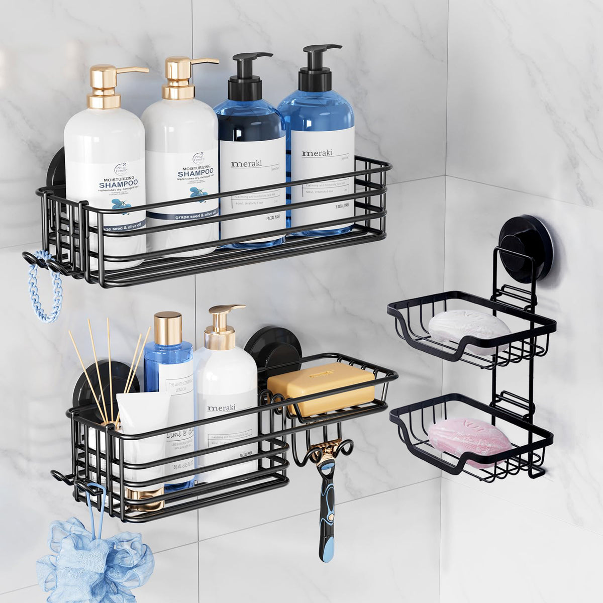 TAILI Line Series Suction Shower Caddy & TRACE Series Suction Soap Dish Bundle – No-Drill Metal Bathroom Organizer with Double-Layer Stainless Steel Design