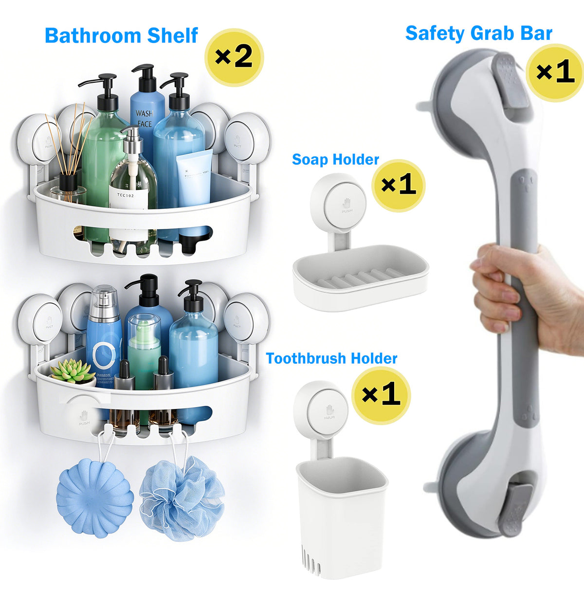 TAILI NICE Series 5-Piece Suction Bathroom Set – No-Drill Shower Grab Bar, Corner Shower Caddy ×2, Soap Dish & Toothbrush Holder
