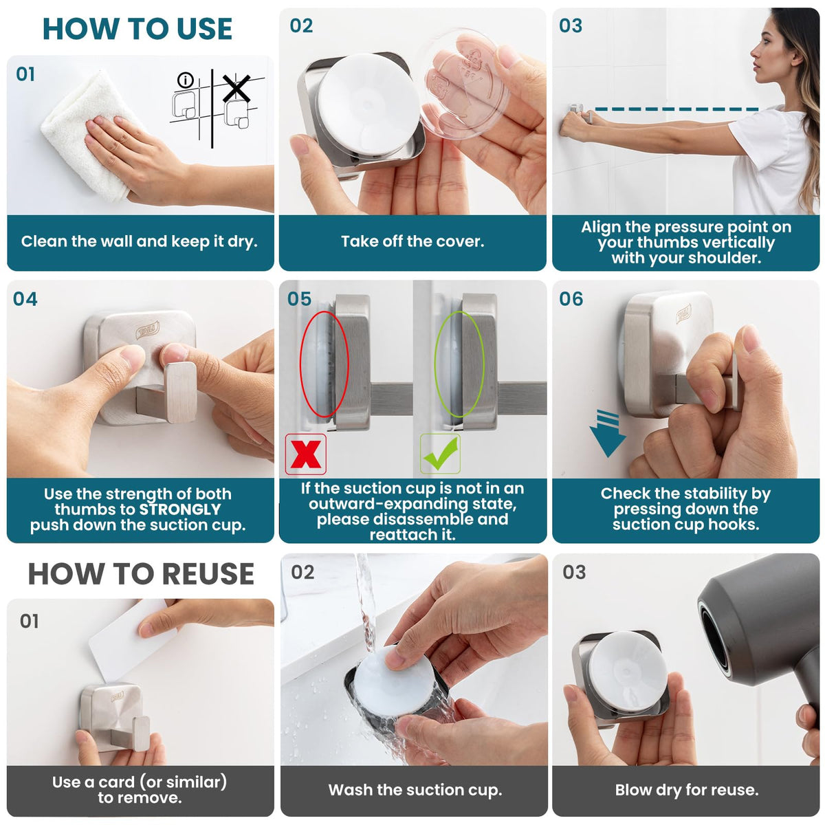 TAILI Shower Hooks Suction Cup, Towel Hooks for Bathrooms, Stainless Steel