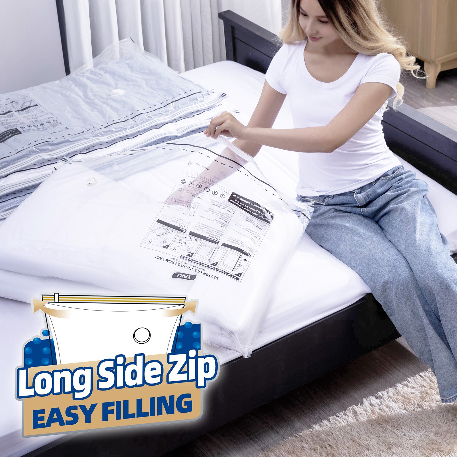 TAILI-LONG SIDE ZIP - Vacuum Storage Bags -Space Saver Vacuum Seal Bags for Under Bed Storage, Clothing and Comforter Storage, 3X More Storage Space - 2 Extra Large, 2 Large Vacuum Bags