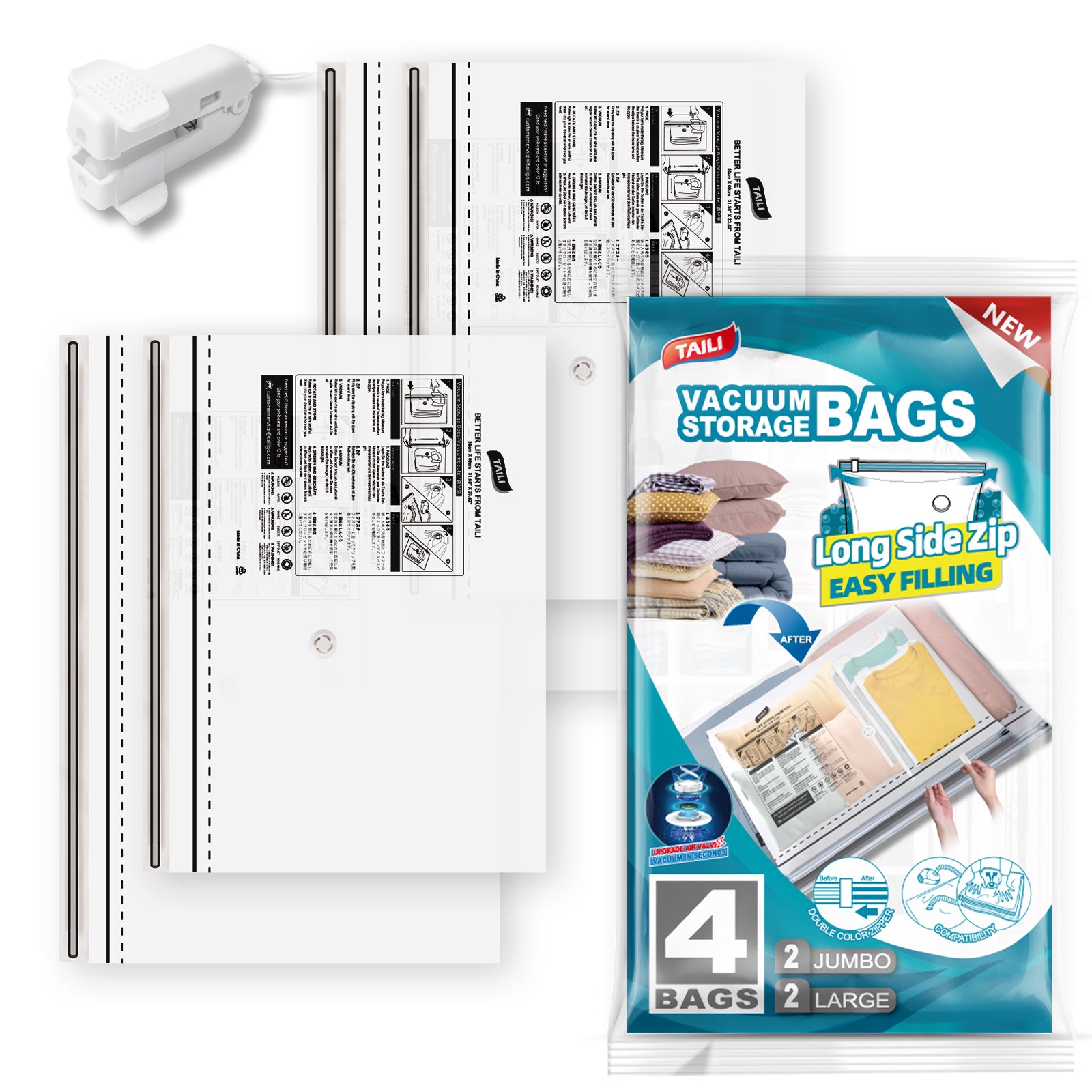 TAILI-LONG SIDE ZIP - Vacuum Storage Bags -Space Saver Vacuum Seal Bags for Under Bed Storage, Clothing and Comforter Storage, 3X More Storage Space - 2 Extra Large, 2 Large Vacuum Bags