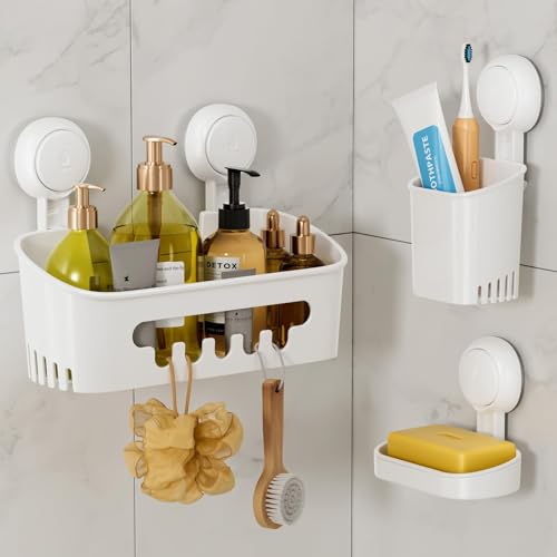 TAILI Suction Cup Shower Caddy Set, No-Drilling Bathroom Shelf with Soap & Toothbrush Holder, Waterproof, White