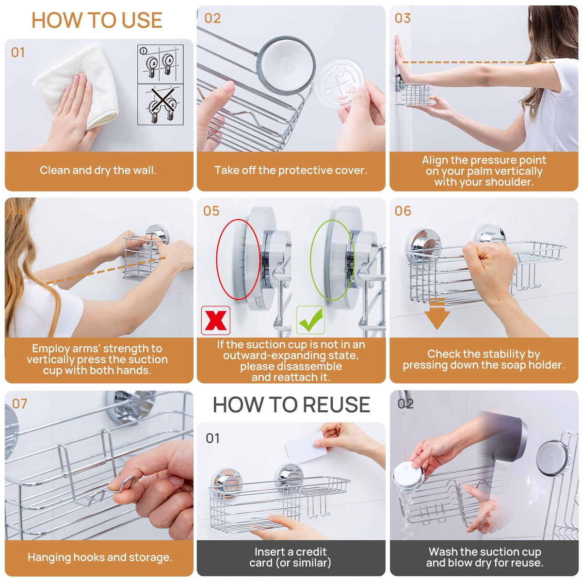TAILI Shower Caddy Suction Cup, 3 Pack Heavy Duty Bathroom Organizer