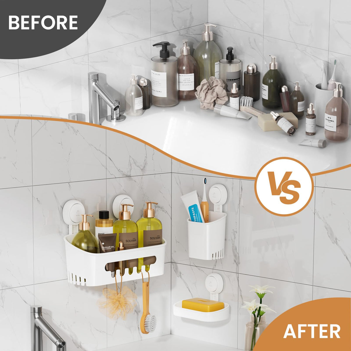 TAILI Suction Cup Shower Caddy Set, No-Drilling Bathroom Shelf with Soap & Toothbrush Holder, Waterproof, White
