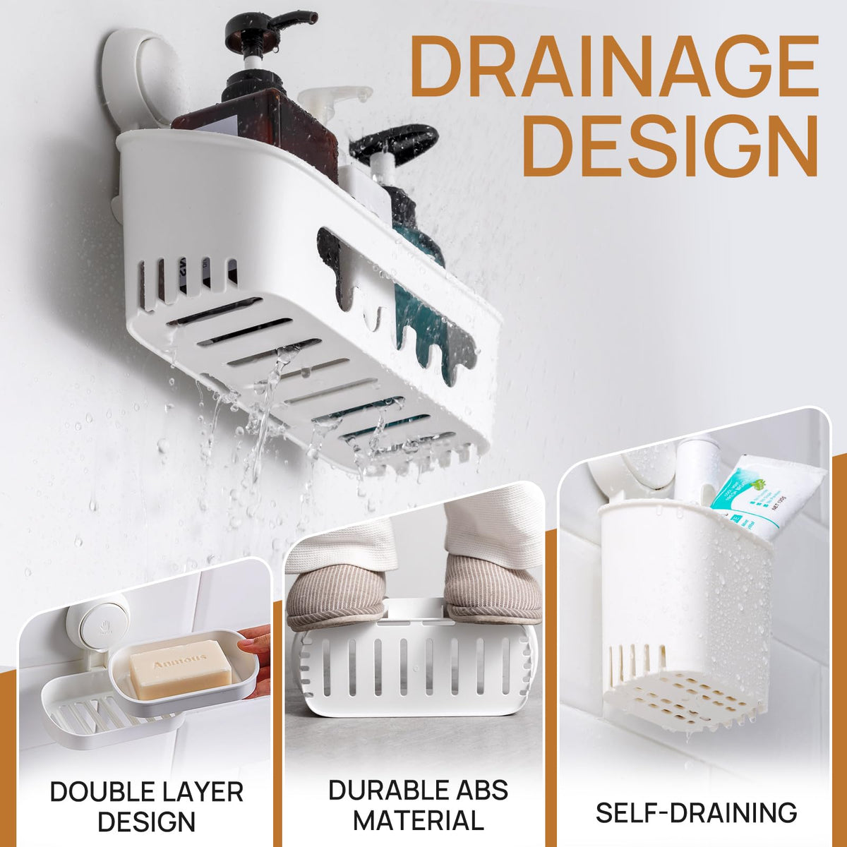 TAILI Suction Cup Shower Caddy Set, No-Drilling Bathroom Shelf with Soap & Toothbrush Holder, Waterproof, White