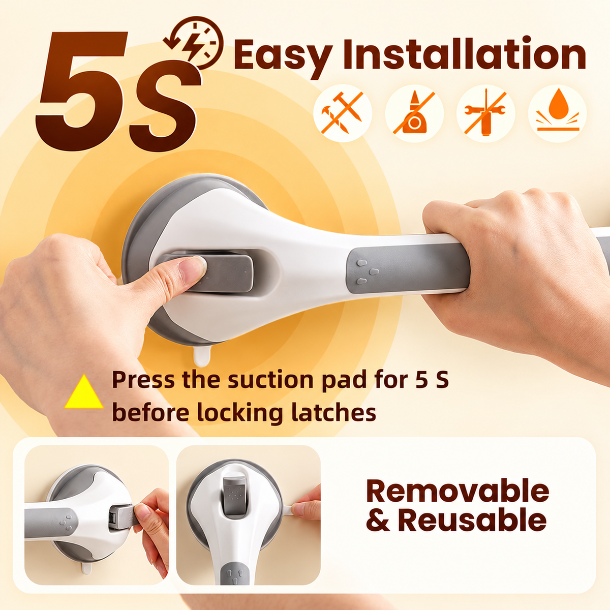 TAILI 16.8" Suction Shower Grab Bar – No Drilling, Removable Balance Assist