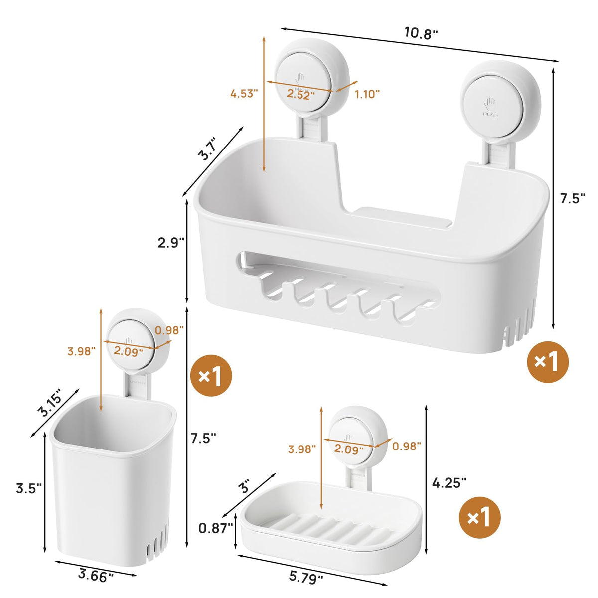 TAILI Suction Cup Shower Caddy Set, No-Drilling Bathroom Shelf with Soap & Toothbrush Holder, Waterproof, White