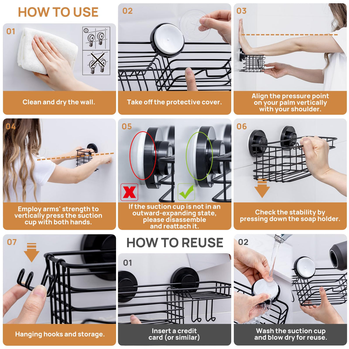 TAILI Shower Caddy Suction Cup, 3 Pack Heavy Duty Bathroom Organizer