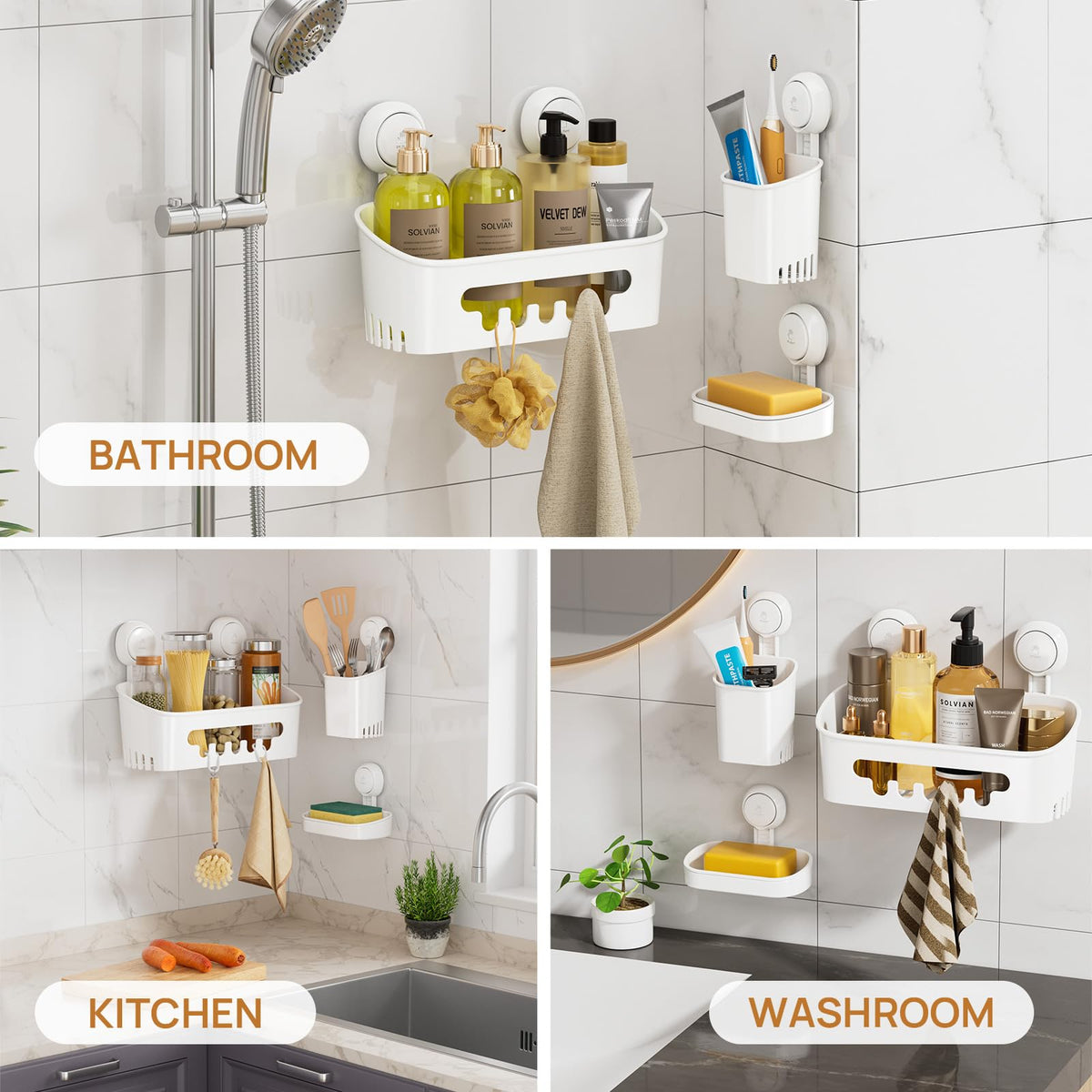 TAILI Suction Cup Shower Caddy Set, No-Drilling Bathroom Shelf with Soap & Toothbrush Holder, Waterproof, White
