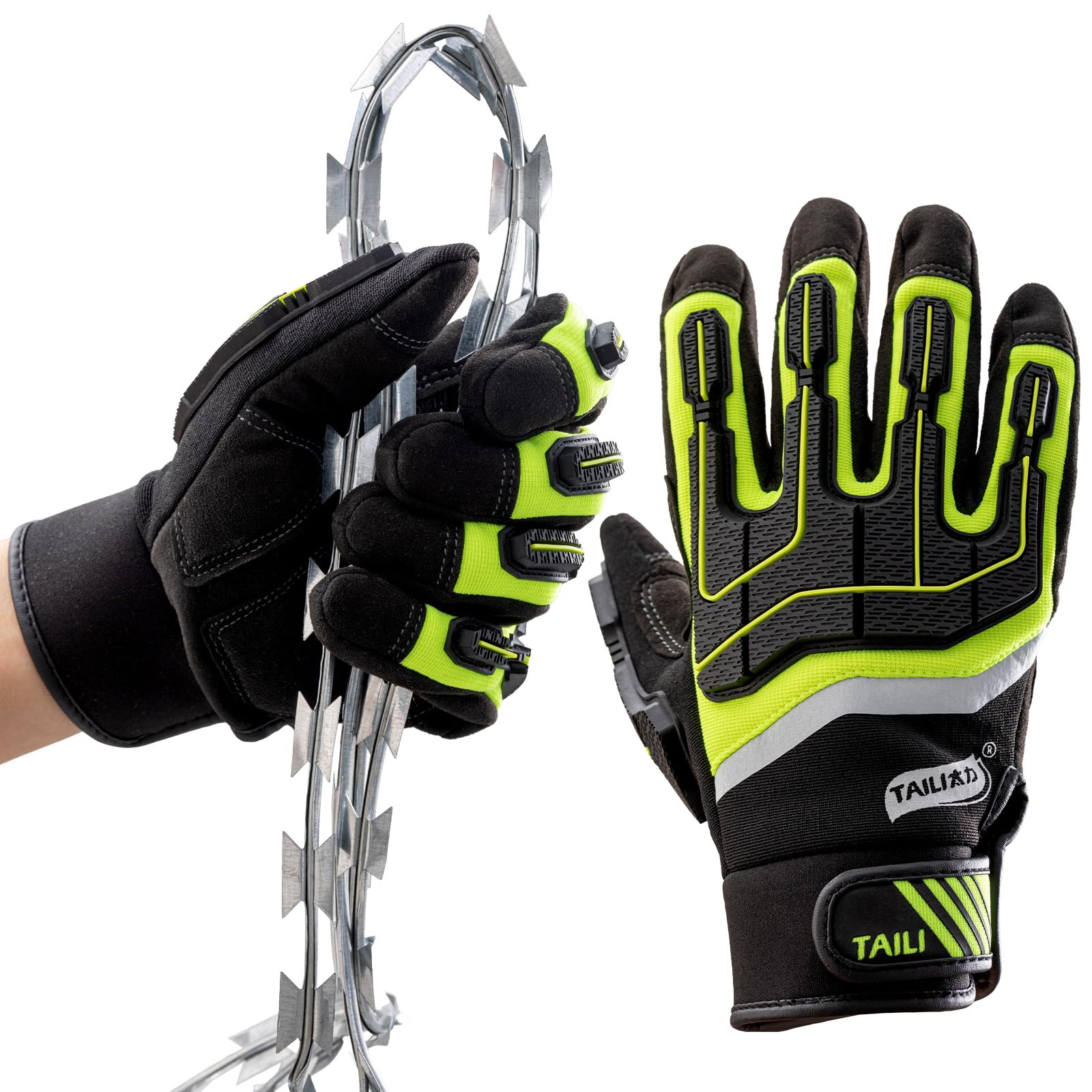 TAILI Heavy Duty Level 5 Puncture and Cut Resistant Gloves for Men Work, 3D PVC Level 1 Impact Protection, Anti Vibration Motorcycle Safety Gloves, Touchscreen, Breathable and Machine Washable