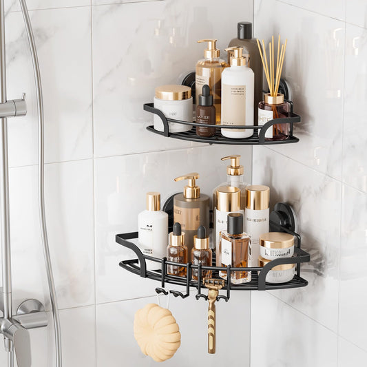 TAILI Suction Cup Corner Shower Caddy 2 Pack, Stainless Steel Rustproof Shower Shelves with Hooks, Drill-Free Wall Mounted Basket, Large Capacity, Removable Suction Cup Bathroom Organizer