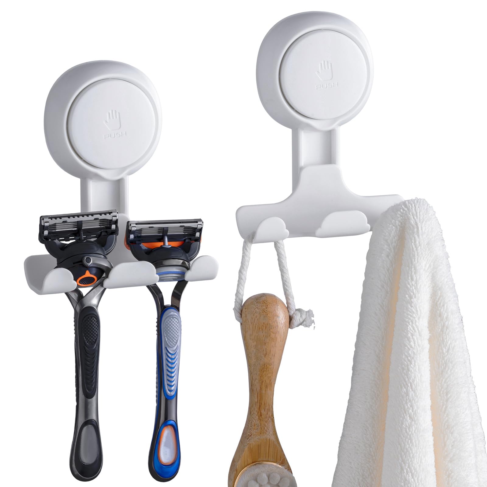 TAILI Suction Cup Razor Holder in Shower 2 Pack, Towel, Loofah, Shaver Holder for Bathroom Wall, Powerful Suction Cup Shower Hooks, Easy to Install and Reuse