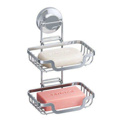 TAILI Double Layer Soap Holder, Bar Soap Dish Suction Cup for Shower Wall, Draining Saver Tray for Bathroom, Rustproof Stainless Steel Sponge Holder for Tub, Kitchen, Drill-Free