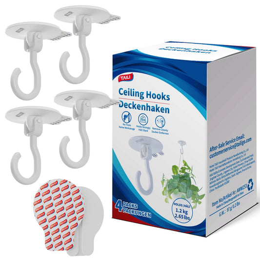 TAILI Adhesive Ceiling Hooks for Hanging Plants, Heavy Duty No-Drill Removable Sticky Wall Hooks Hanging Christmas Lights Garland Coat for Door Kitchen, Renter Friendly - 4 Pack White