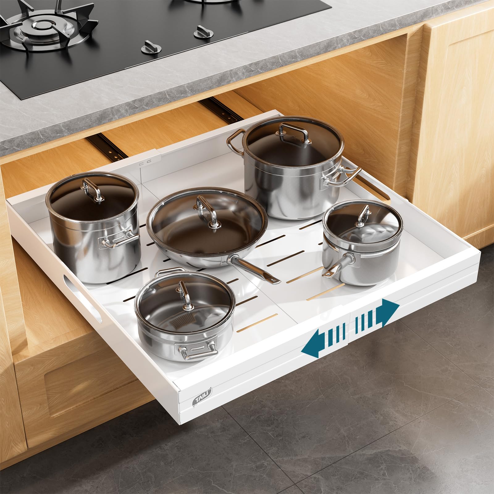 TAILI Expandable Pull Out Cabinet Organizer, Adjustable Width 12.05"-20.4", 21" Deep, 3 Slide Rails, Raising Pads, Portable & No-Trace Removal, Tool-Free Installation, White
