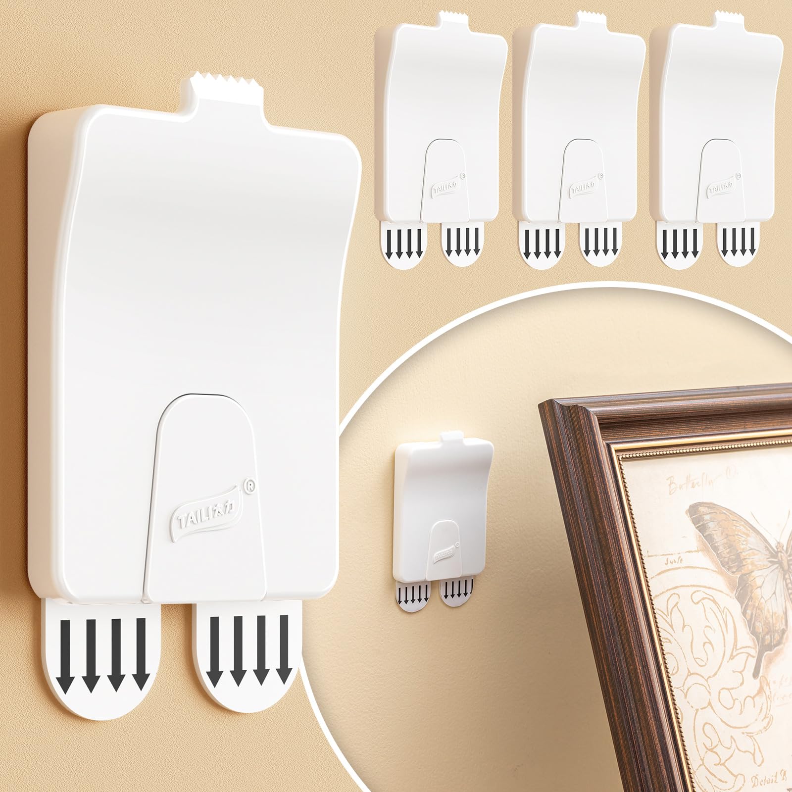 TAILI Picture Hangers 4 Pcs(10 Strips), Damage Free Picture Hangers for Walls，Adhesive Picture Hanging Hooks Without Nails，Art Hanger for Bathroom Kitchen Home Door Closet-White