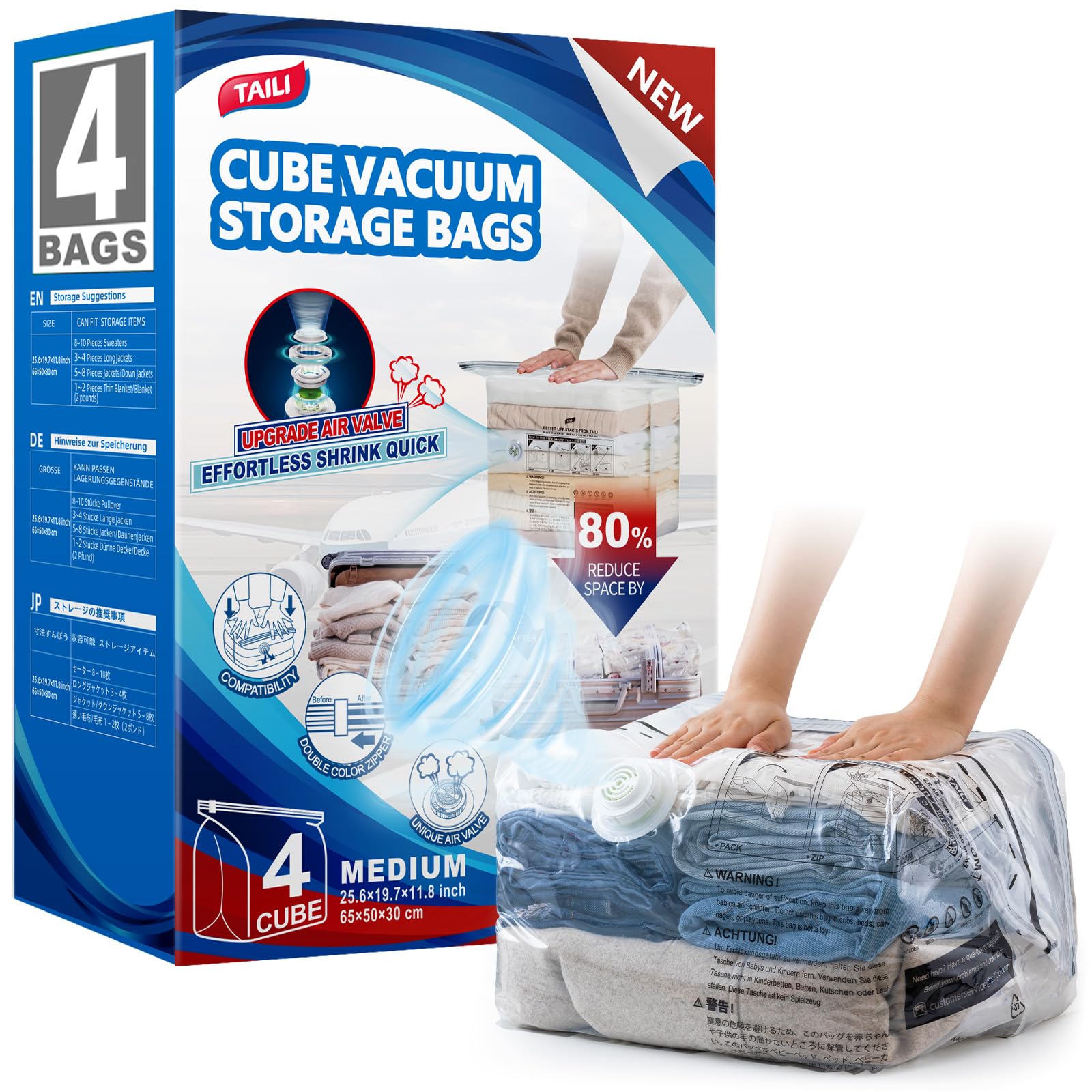 TAILI Cube Travel Vacuum Storage Bags 4 Pack, Medium Size (25x19x11 inch), Reusable Space Saver Compression Bags for Travel