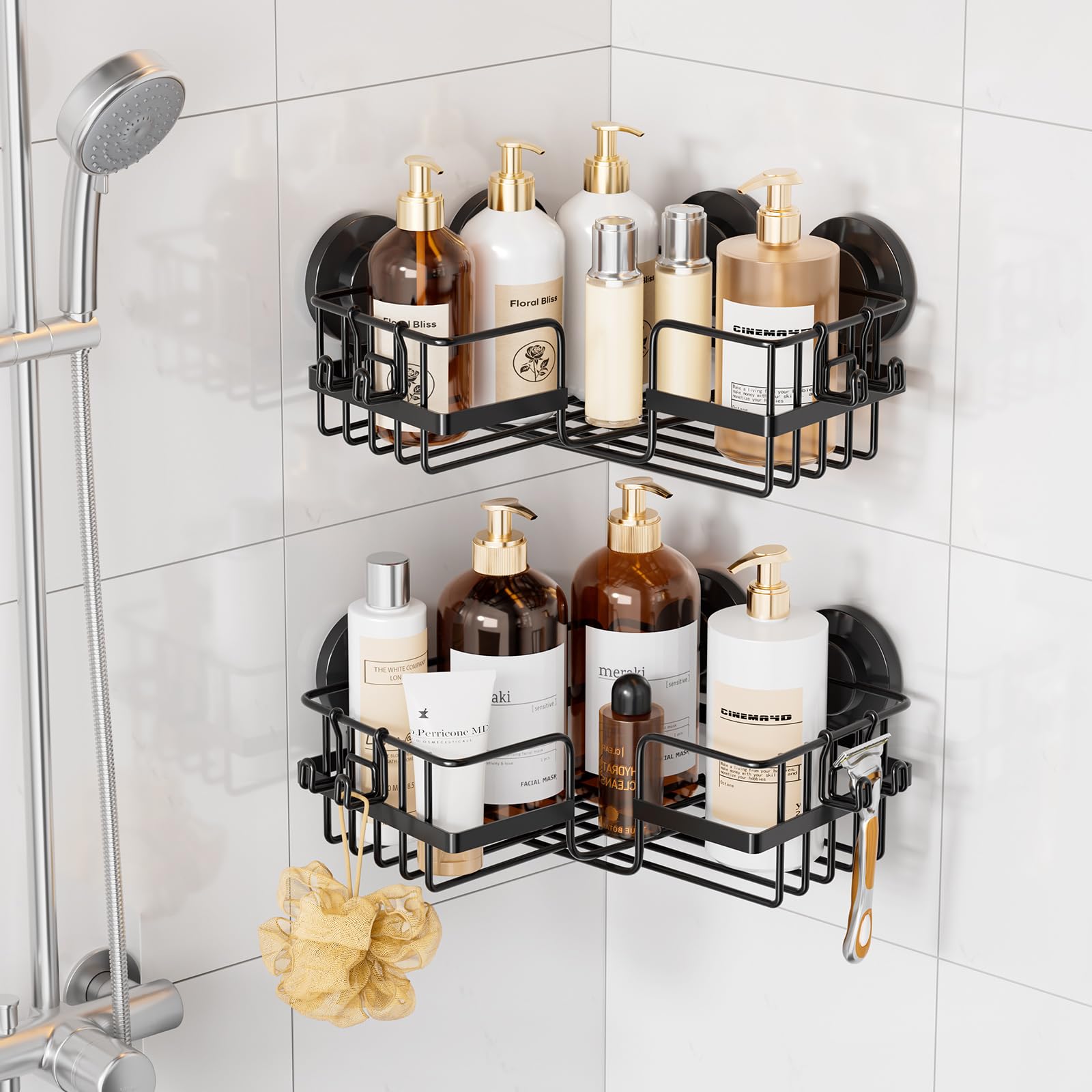 TAILI Corner-adaptive Suction Cup Shower Caddy 2 Pack, Stainless Steel Rustproof Corner Shower Shelves, Drill-Free Wall Mounted Baskets, Large Capacity, Removable Suction Cup Bathroom Organizer