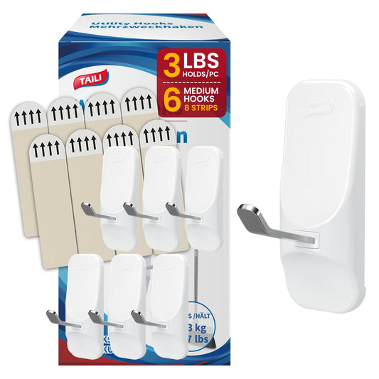 AILI Adhesive Hooks for Hanging, 6 Utility Hooks and 8 Pcs Adhesive Strips,Holds up to 3 lb,No Tools Damage-Free Stick on Bathroom or Kitchen for Hanging Decorations,Organization,Storage-White