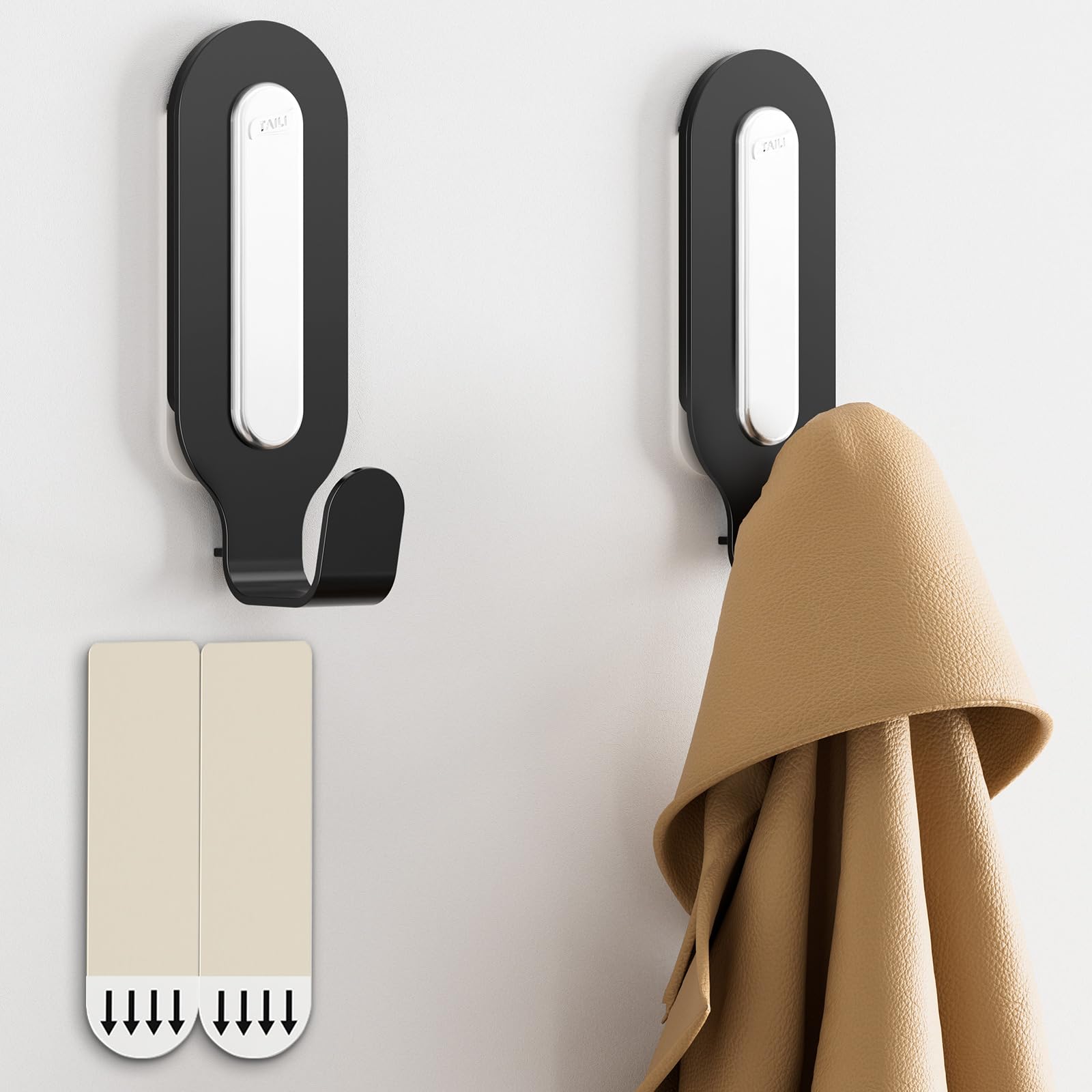 TAILI Damage-Free Hanging Metal Hooks with Adhesive Strips, 2 Hooks and 2 Strips, Heavy Duty Wall Hooks for Home Storages and Decorations