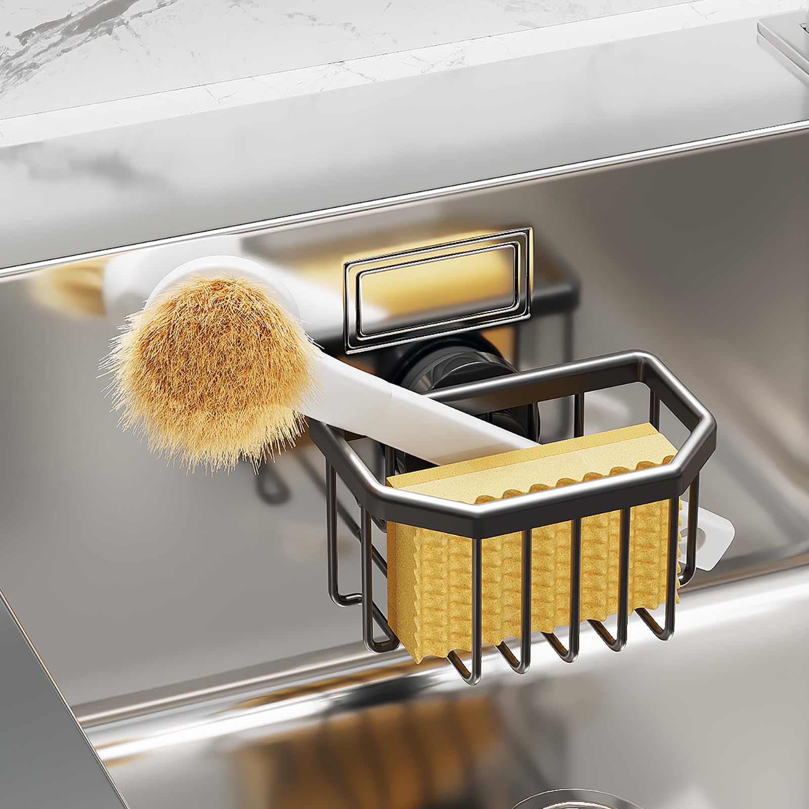 TAILI Sponge Holder with Strong Suction Cup, Dish Sponge Caddy Inside Sink Removable, Rustproof Aluminum for Sponges, Brushes, Stoppers and Scrapers