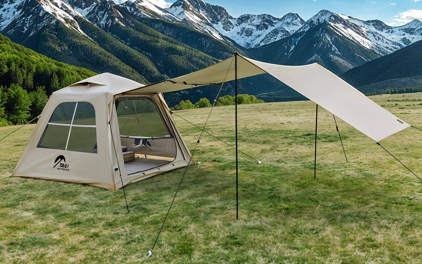 TAILI Inflatable Blow Up Tent for Camping with Hand Pump for 4-6 Person, Easy Setup Outdoor Inflatable Oxford Waterproof Air Tent House for Family Camping Adult, Khaki