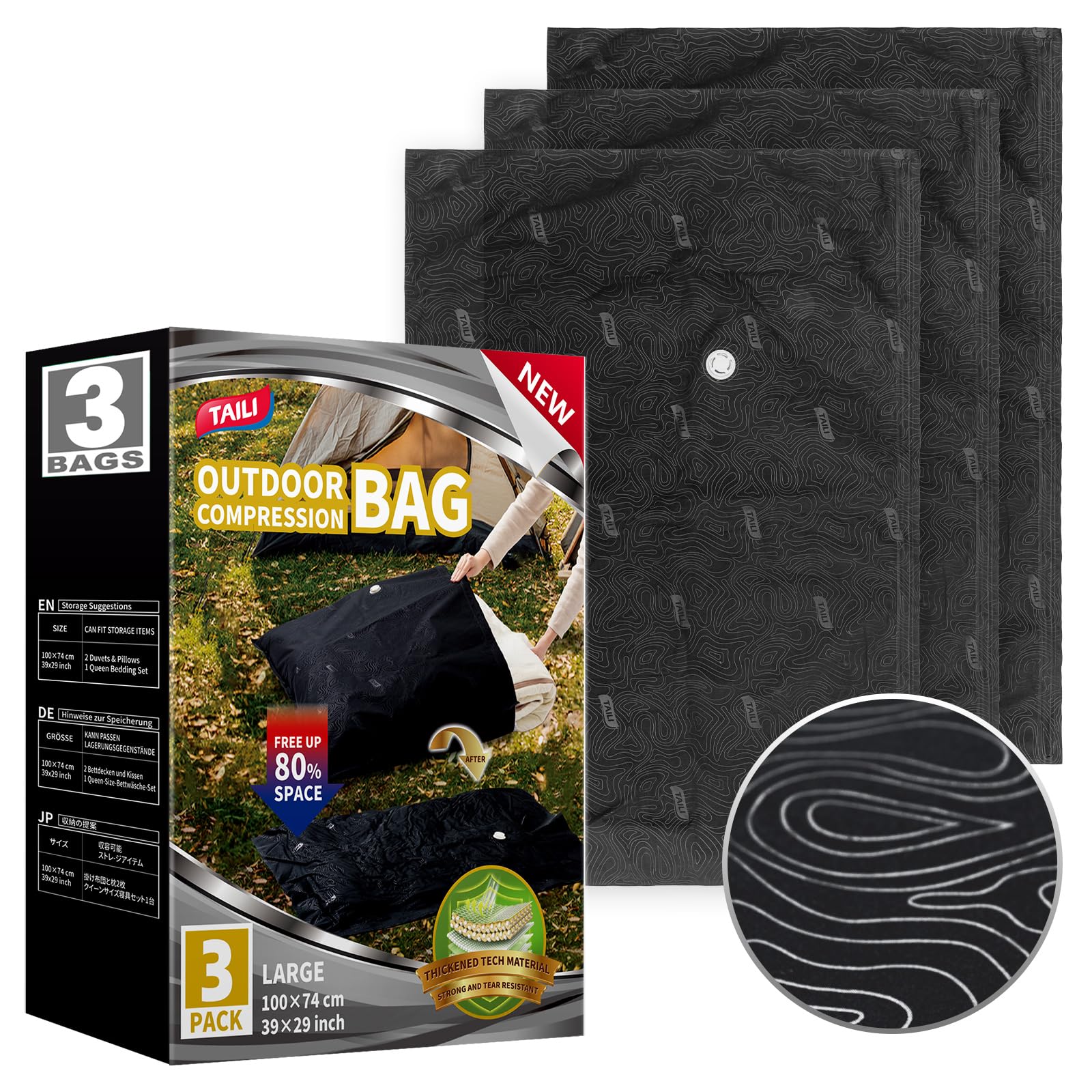 TAILI Outdoor Vacuum Storage Bags 3 Pack, Travel Compression Bags (39x29 inch), Tear-Proof Vacuum Seal for Camping, Cushion, Clothing, Waterproof, Wearproof, Punctureproof