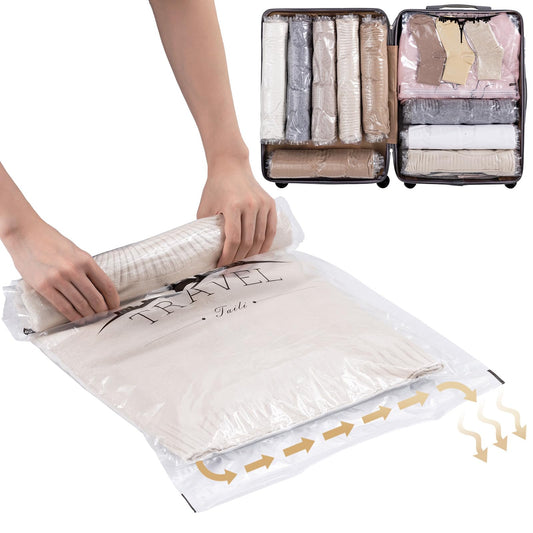 TAILI 12 Pack Travel Compression Bags, Roll Up Space Saver Bags (6 Large+6 Medium), No Vacuum Needed Reusable Packing for Luggage, Suitcase, Backpack, Travel Essentials, Clear