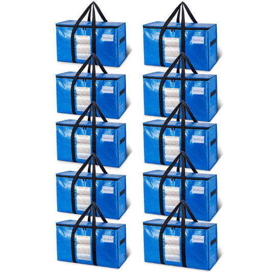 TAILI Extra Large Moving Bags, 10 Pack Blue Heavy Duty Totes For Storage with Visible Window, Wrap Around Handles, Storage Bags for Space Saving, Alternative to Moving Boxes