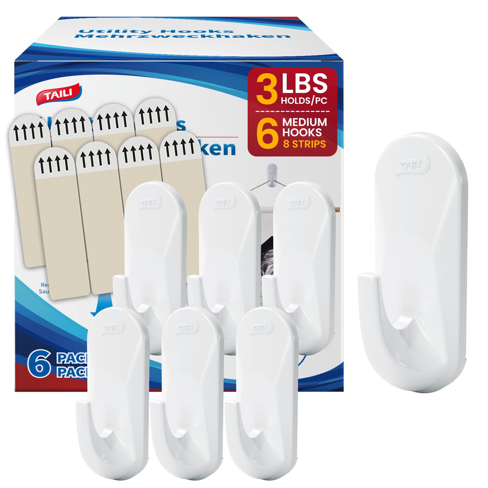 TAILI Damage-Free Hanging Hooks with Adhesive Strips, 6 Pack Hooks and 8 Pcs Adhesive Strips Included, Heavy Duty Utility Hooks for Home Storages and Hanging Decorations, Holds up to 3 lb -White