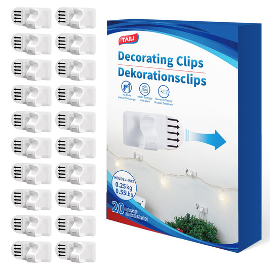 TAILI String Light Hooks Indoor 20 Pcs Light Clips, Damage Free Small Hooks with Adhesive, Removable Withe Wall Hanger for Hanging Lights Holiday Decor and Cables, 20 Clips & 24 Strips