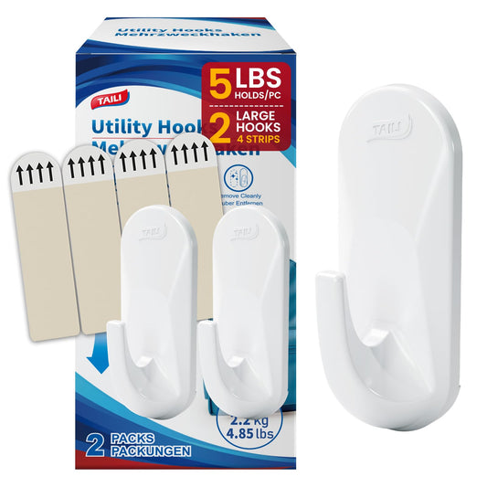 TAILI Damage-Free Hanging Hooks with Adhesive Strips, 2 Pack Hooks and 4 Pcs Adhesive Strips Included, Heavy Duty Utility Hooks for Home Storages and Hanging Decorations, Holds up to 5 lb -White