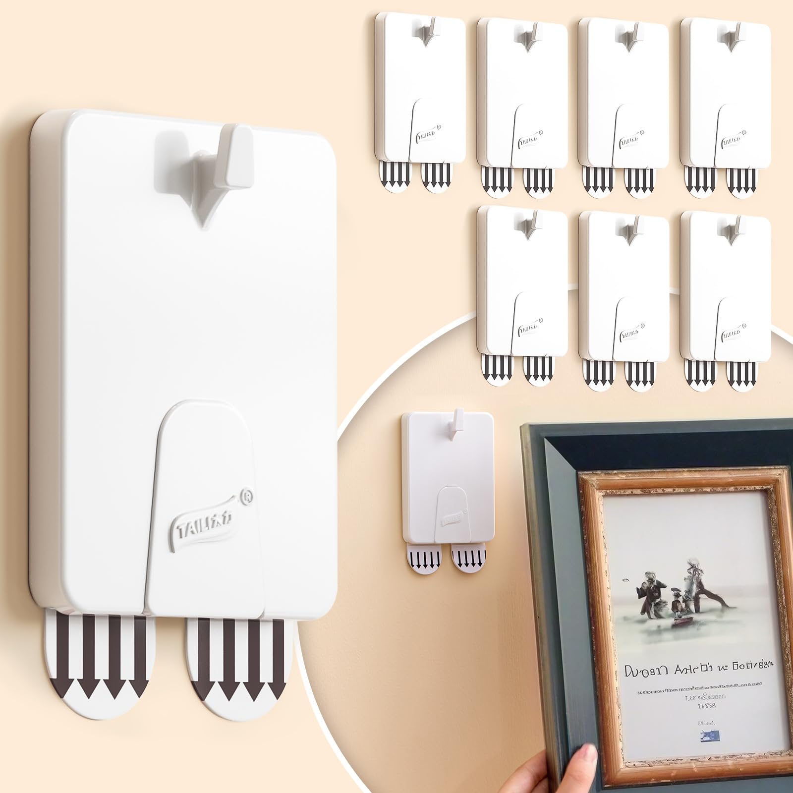 TAILI Picture Hangers 4 Pack(10 Strips) / 8 Pack(18 Strips), Adhesive Picture Hanging Hooks Without Nails, No Damage Sawtooth Hangers, White