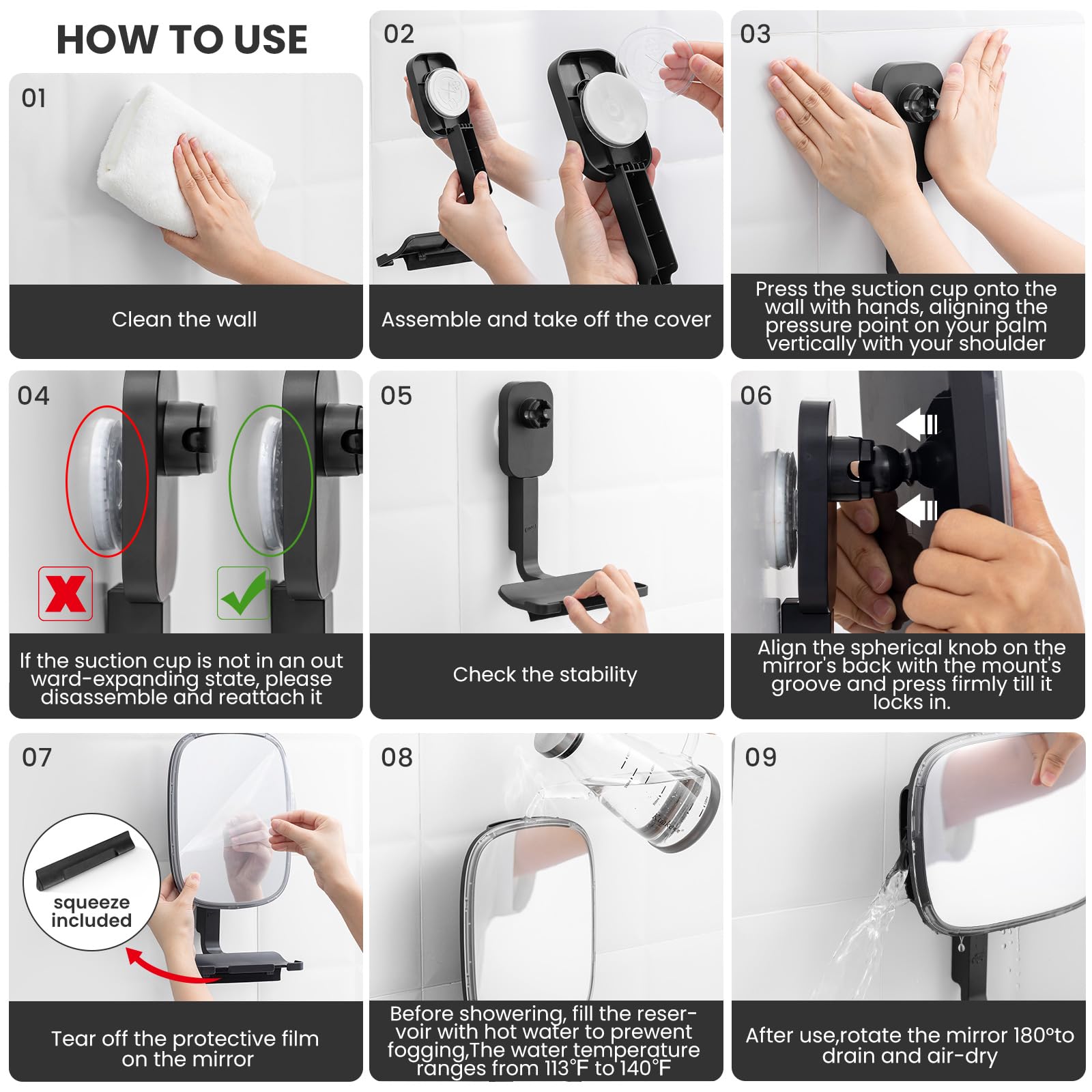 TAILI Shower Mirror Fogless for Shaving with Razor Holder, Removable Fog Free Suction Mirror with Squeegee for Shower Accessories, Bathroom, Adjustable, Shatterproof - for Men and Women(Black)